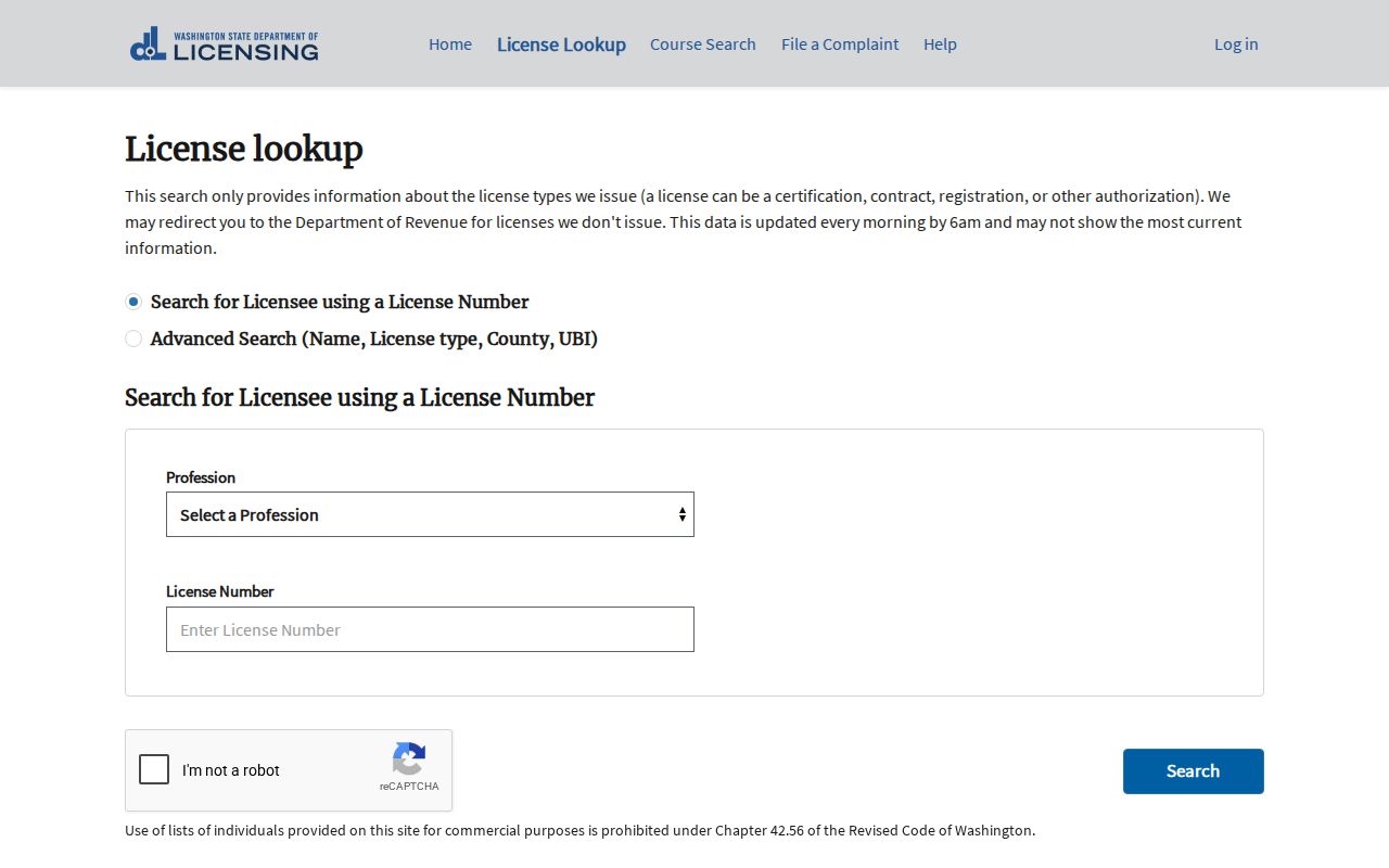 Puyallup people search through Washington professional license records
