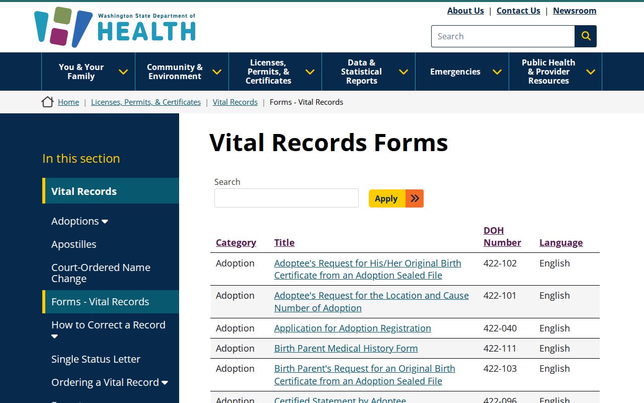 Puyallup public records vital certificate forms table